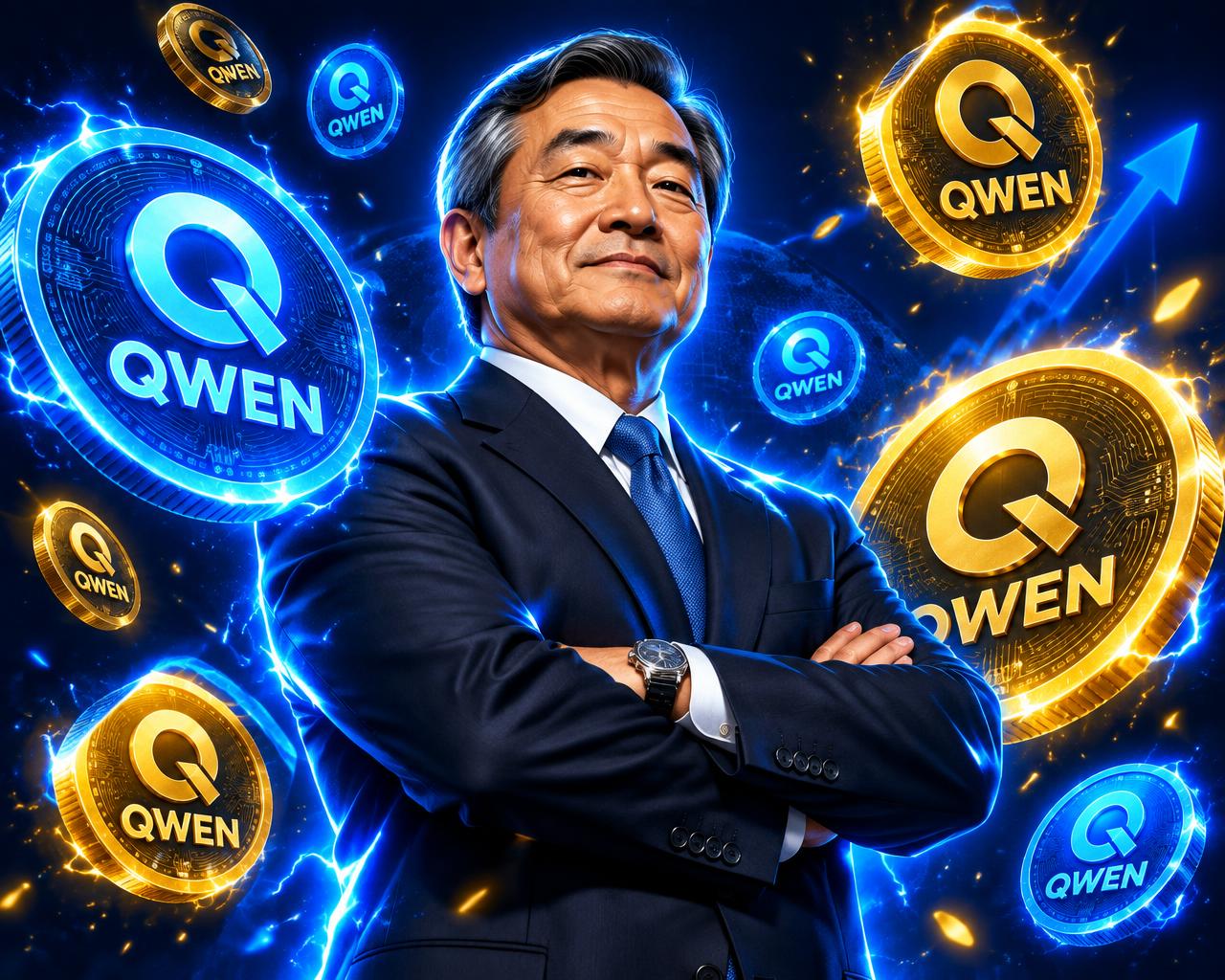 Illustrated businessman character with arms crossed surrounded by floating QWEN coins